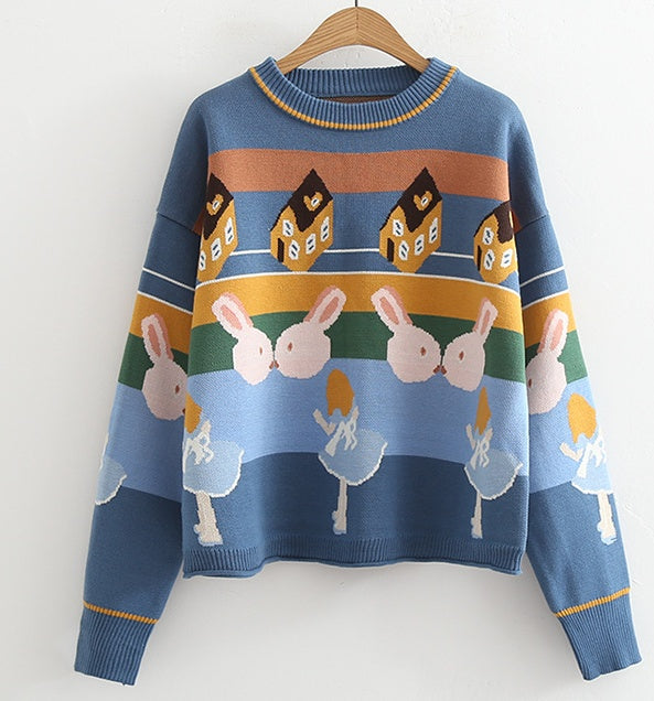 Illustrated Pullover Multicolor Knitted Sweater